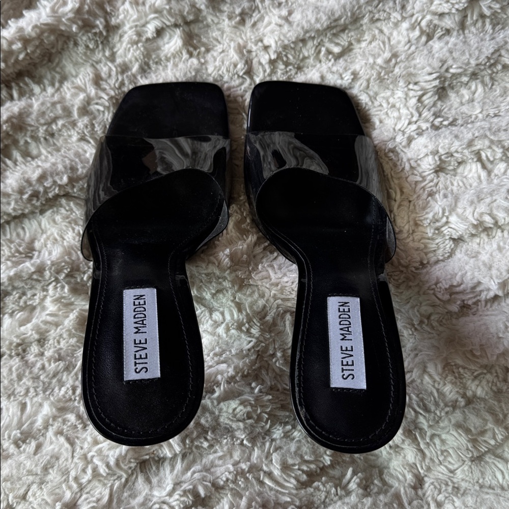 Steve Madden Signal Black Slide Square Toe Heel Sandals 8.5